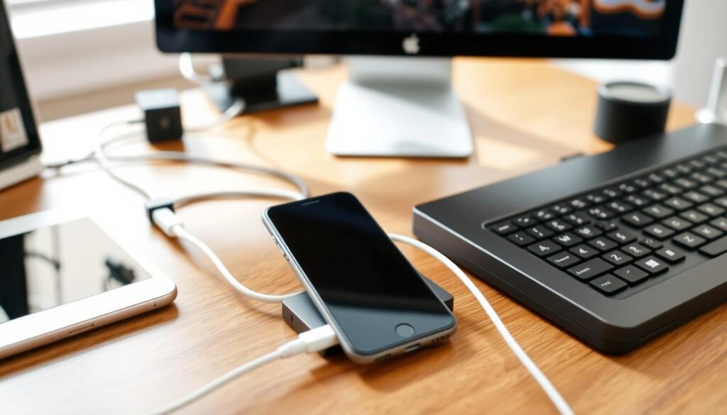Home office setup with integrated iPhone charging cable organizer system Home office setup with integrated iPhone charging cable organizer system