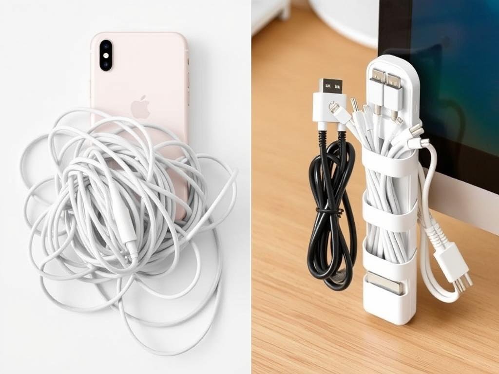 Tangled iPhone charging cables versus organized cables with an iPhone charging cable organizer Tangled iPhone charging cables versus organized cables with an iPhone charging cable organizer