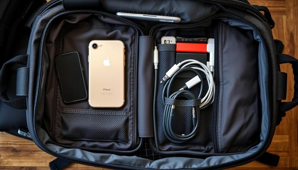 Travel bag with iPhone charging cable organizer system Travel bag with iPhone charging cable organizer system