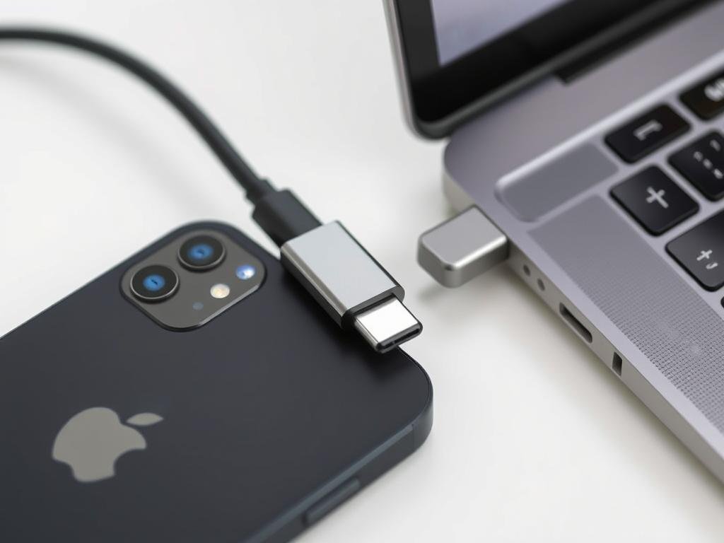 USB-C iPhone charging cable connected to laptop USB-C iPhone charging cable connected to laptop