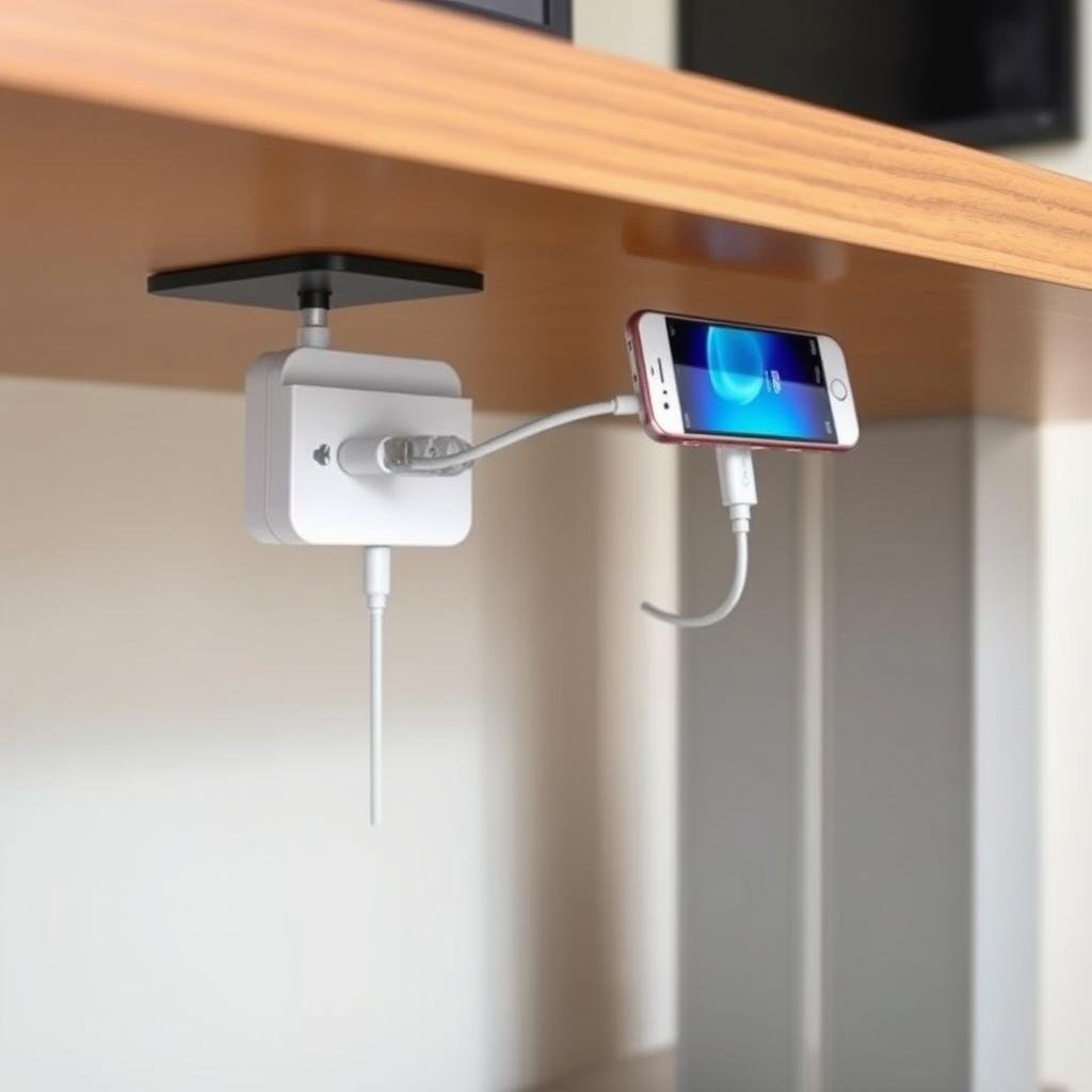 Under-desk iPhone charging cable organizer mount Under-desk iPhone charging cable organizer mount