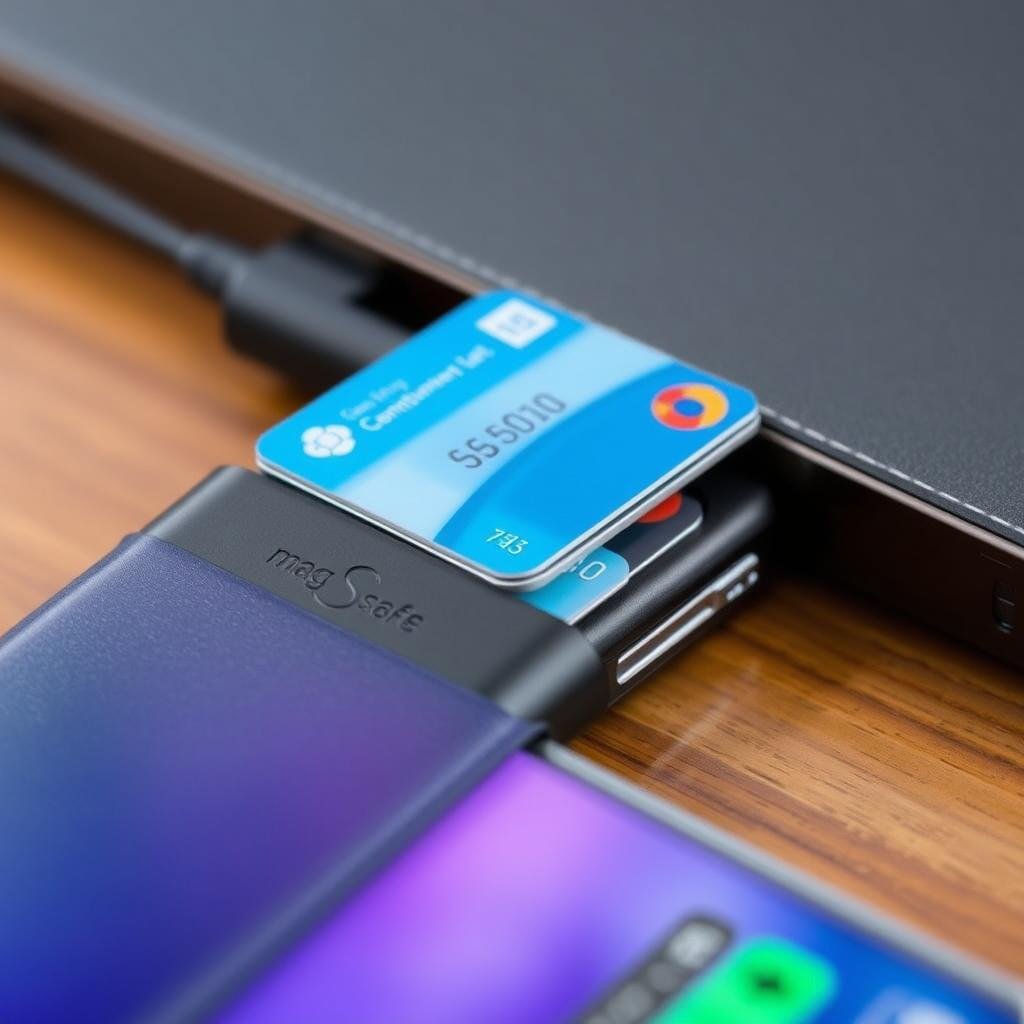 cards being inserted into magsafe power bank wallet cards being inserted into magsafe power bank wallet