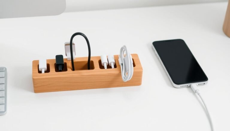 iPhone charging cable organizer on desk with neatly arranged cables