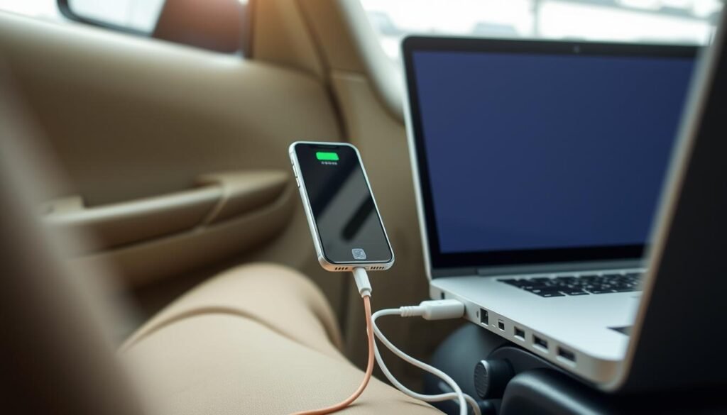 iPhone charging with laptop in car or travel setting iPhone charging with laptop in car or travel setting
