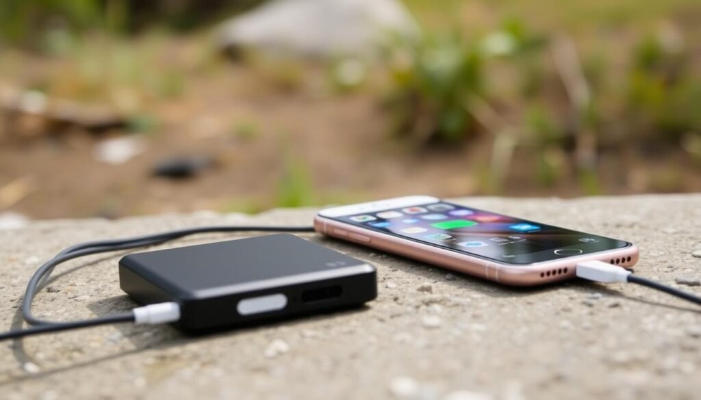 iPhone connected to portable power bank showing alternative ways how to charge iPhone iPhone connected to portable power bank showing alternative ways how to charge iPhone