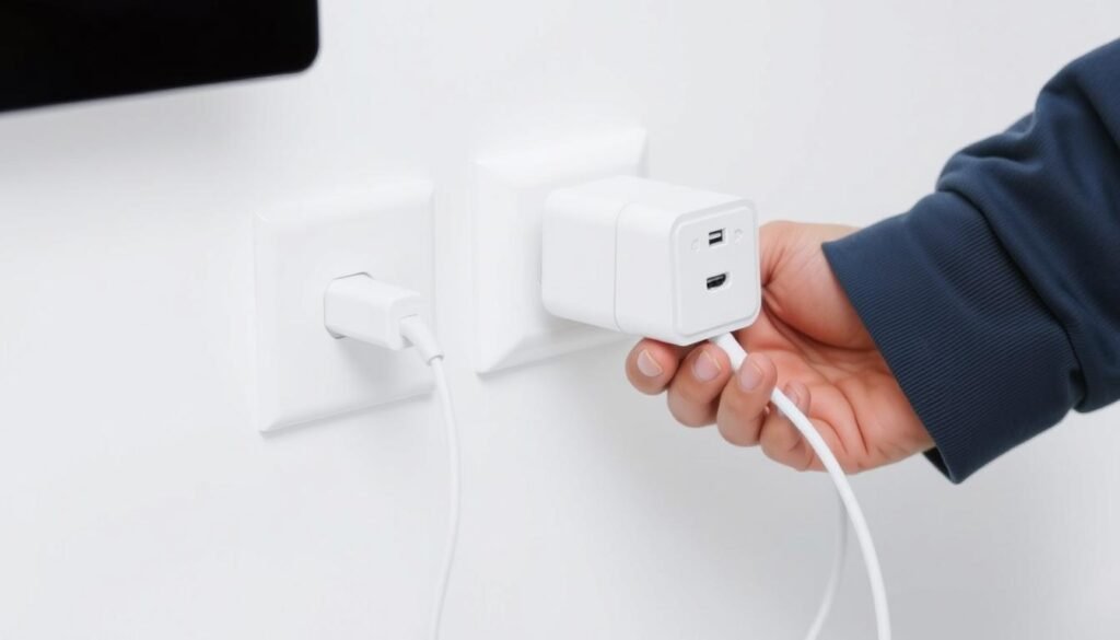 iPhone magnetic charging instructions showing power adapter being plugged in