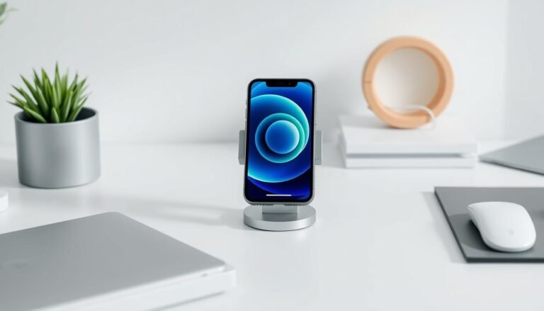 iphone magnetic charger holder on clean desk setup