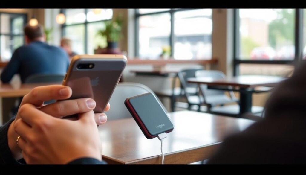 person using magsafe power bank wallet in everyday situation person using magsafe power bank wallet in everyday situation